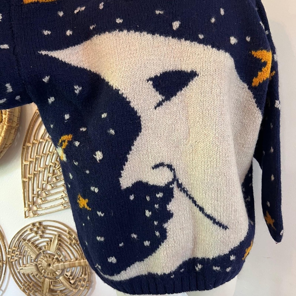 Vintage Apparenza Navy Blue 100% Wool Handknit Moon Star Celestial Sweater M - Picture 9 of 9